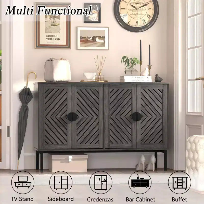Meuble de rangement buffet avec 4 portes creuses, buffet d'appoint moderne avec étagères réglables et poignée en métal, bahut pour salon Bleu marine