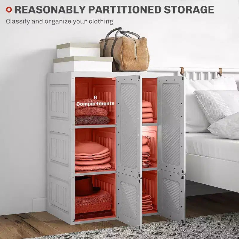 Armoire Portable, Organisateur de Rangement Pliable pour Vêtements avec 6 Compartiments, Portes Magnétiques, Montage Facile