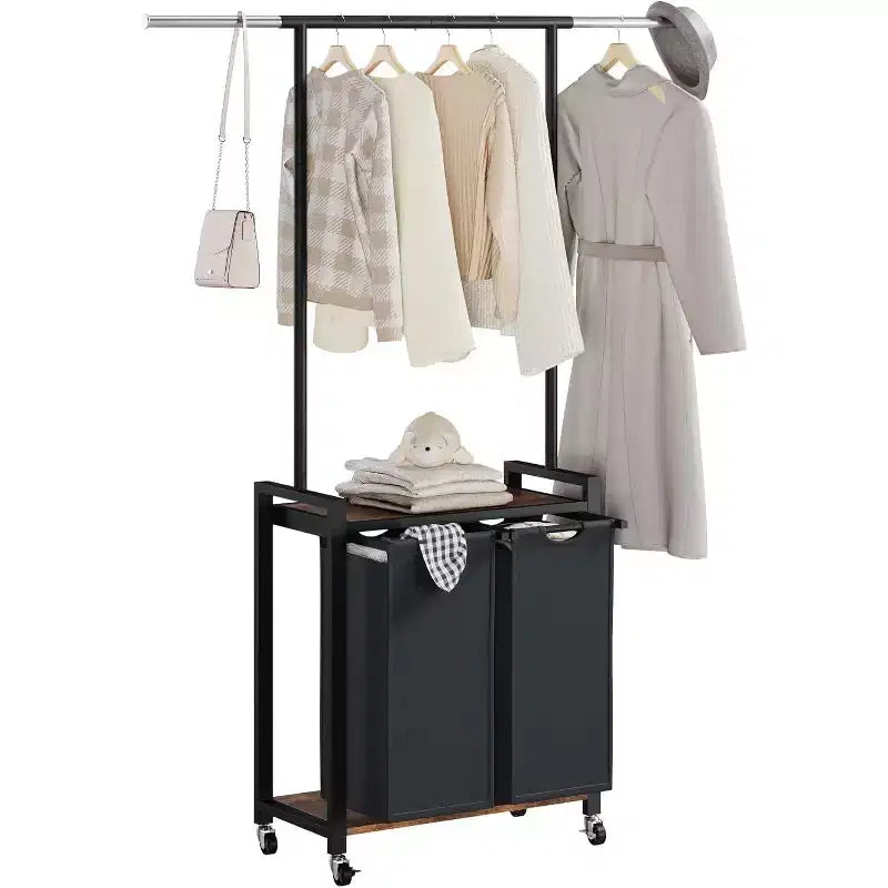 Rolling Garment Rack with Double Laundry Hampers, Mobile Clothing Organizer with Shelf for Bedroom/Laundry Room