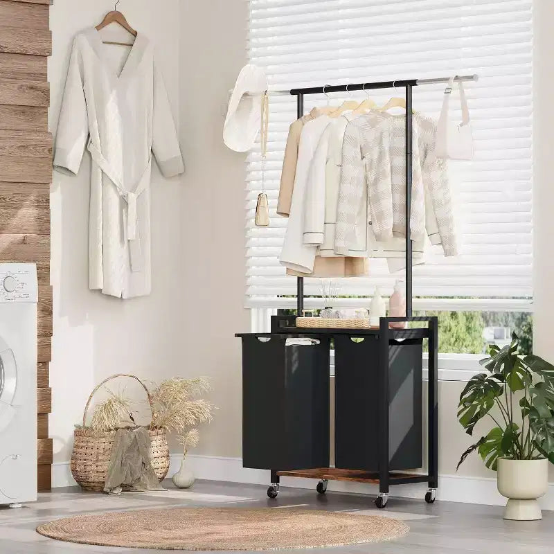 Portant à vêtements roulant avec deux paniers à linge, organisateur de vêtements mobile avec étagère pour chambre/buanderie