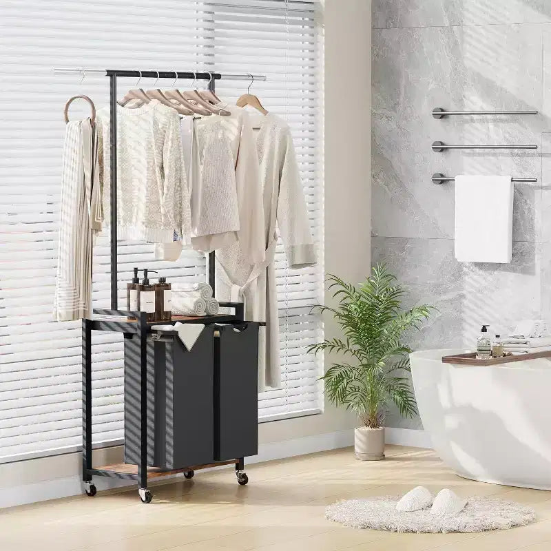 Portant à vêtements roulant avec deux paniers à linge, organisateur de vêtements mobile avec étagère pour chambre/buanderie