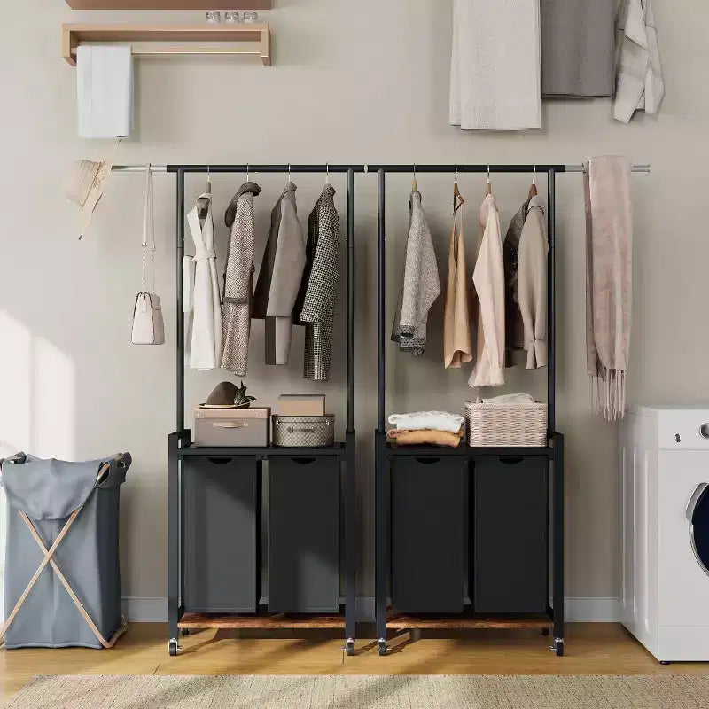 Portant à vêtements roulant avec deux paniers à linge, organisateur de vêtements mobile avec étagère pour chambre/buanderie