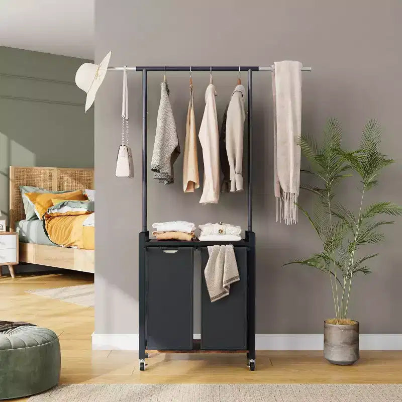 Portant à vêtements roulant avec deux paniers à linge, organisateur de vêtements mobile avec étagère pour chambre/buanderie