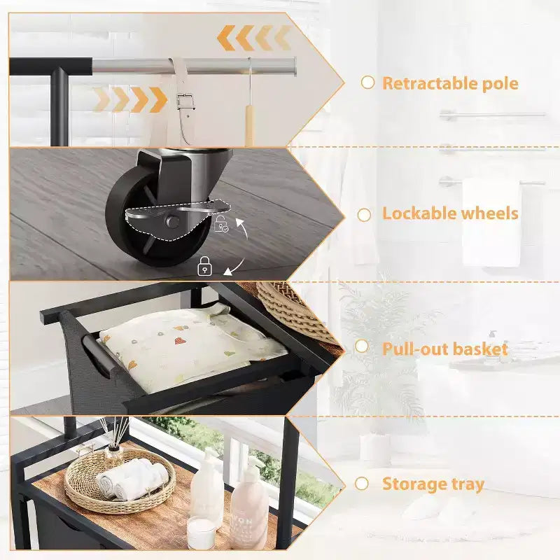 Portant à vêtements roulant avec deux paniers à linge, organisateur de vêtements mobile avec étagère pour chambre/buanderie
