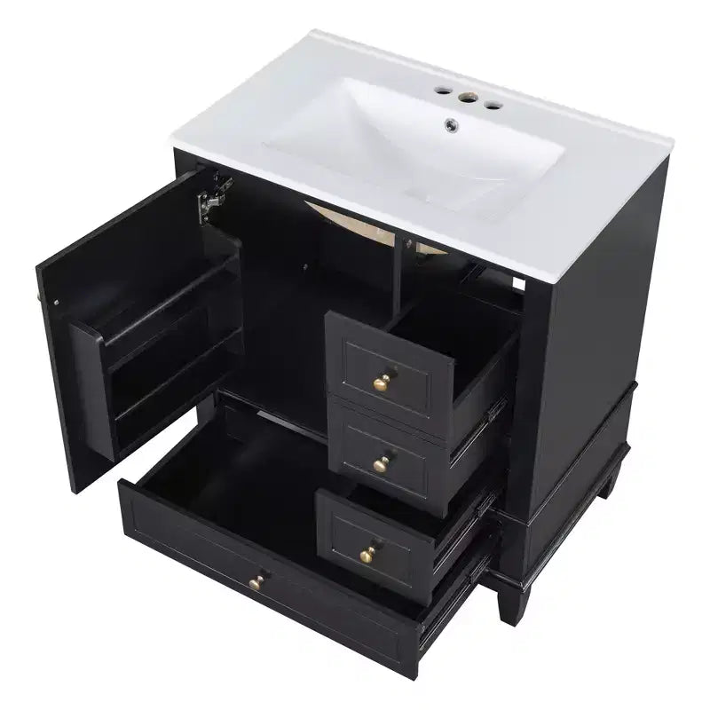 Meuble sous-vasque 30", Meuble de salle de bain avec tiroirs et étagère, Meuble sous-vasque simple