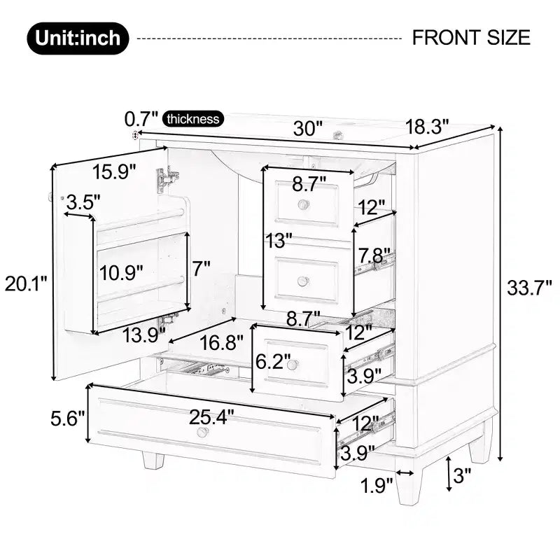 Meuble sous-vasque 30", Meuble de salle de bain avec tiroirs et étagère, Meuble sous-vasque simple