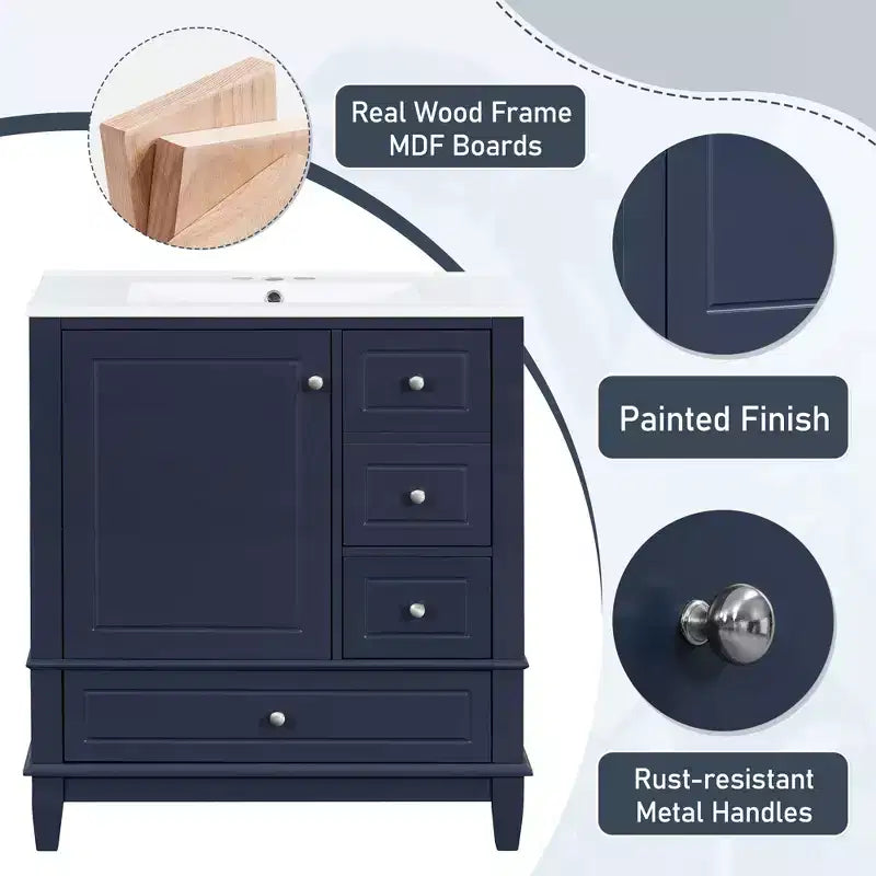Meuble sous-vasque 30", Meuble de salle de bain avec tiroirs et étagère, Meuble sous-vasque simple