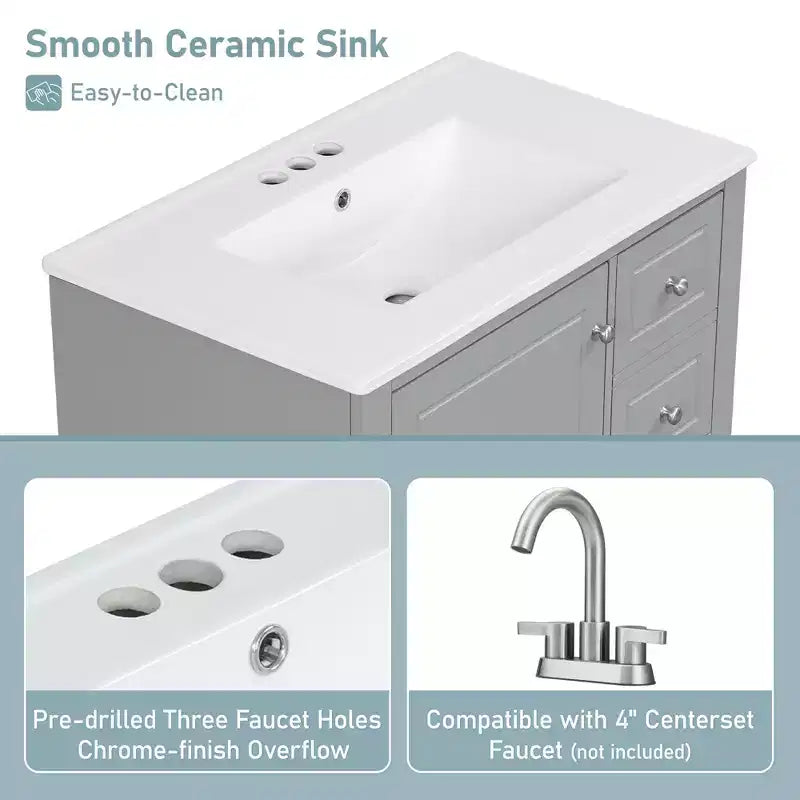 Meuble sous-vasque 30", Meuble de salle de bain avec tiroirs et étagère, Meuble sous-vasque simple