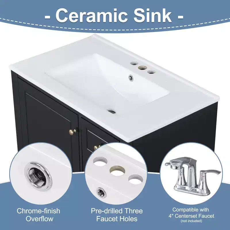 Meuble sous-vasque 30", Meuble de salle de bain avec tiroirs et étagère, Meuble sous-vasque simple
