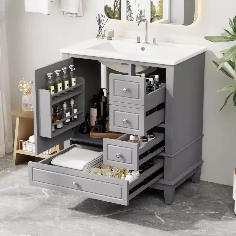 Meuble sous-vasque 30", Meuble de salle de bain avec tiroirs et étagère, Meuble sous-vasque simple