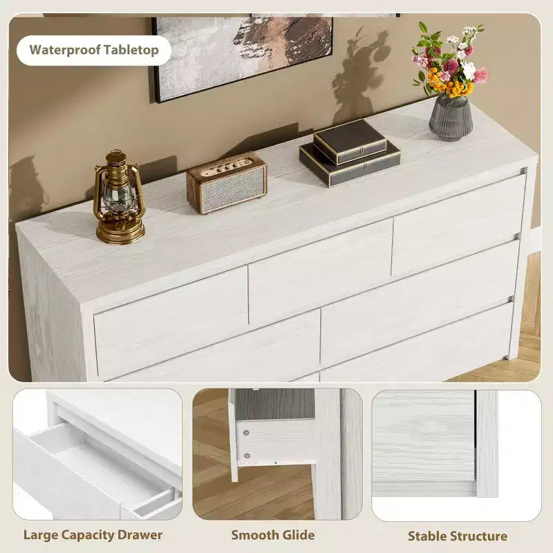 Commode à 7 tiroirs, Coiffeuse de chambre en bois de style campagnard, Design vintage, Convient pour la chambre à coucher, le salon, le couloir, Blanc