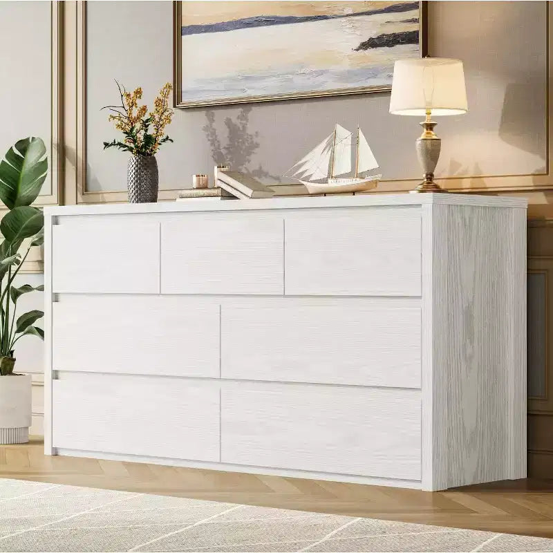 Commode à 7 tiroirs, Coiffeuse de chambre en bois de style campagnard, Design vintage, Convient pour la chambre à coucher, le salon, le couloir, Blanc