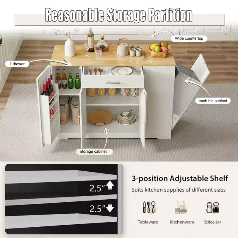 Îlot de cuisine moderne avec tiroirs, poubelle inclinable, îlots de rangement de cuisine avec étagères réglables pour la cuisine et la salle à manger
