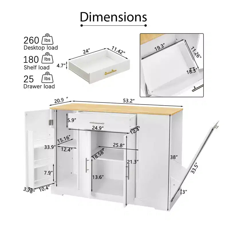 Îlot de cuisine moderne avec tiroirs, poubelle inclinable, îlots de rangement de cuisine avec étagères réglables pour la cuisine et la salle à manger