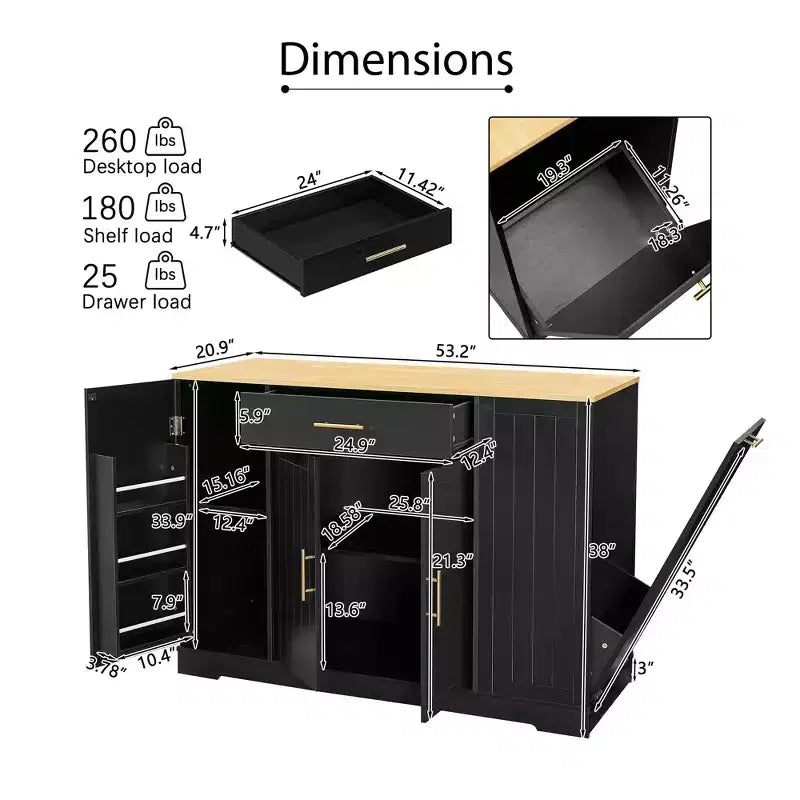 Îlot de cuisine moderne avec tiroirs, poubelle inclinable, îlots de rangement de cuisine avec étagères réglables pour la cuisine et la salle à manger