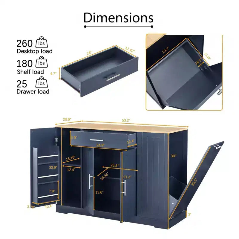 Îlot de cuisine moderne avec tiroirs, poubelle inclinable, îlots de rangement de cuisine avec étagères réglables pour la cuisine et la salle à manger