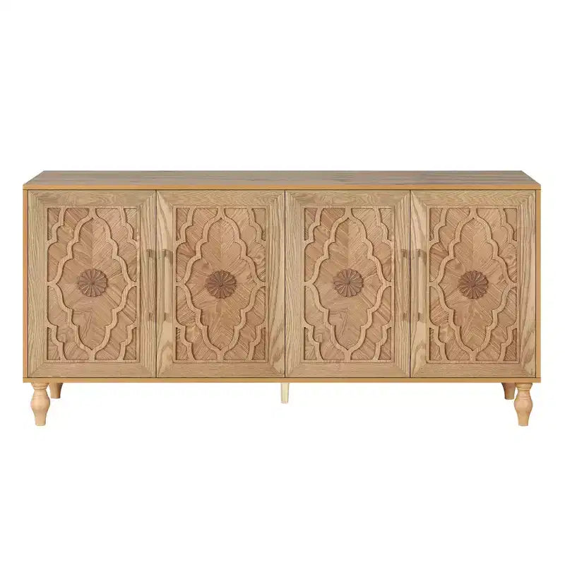 Grand meuble de rangement avec poignée en métal, portes sculptées de fleurs, console de buffet en bois moderne avec étagères réglables