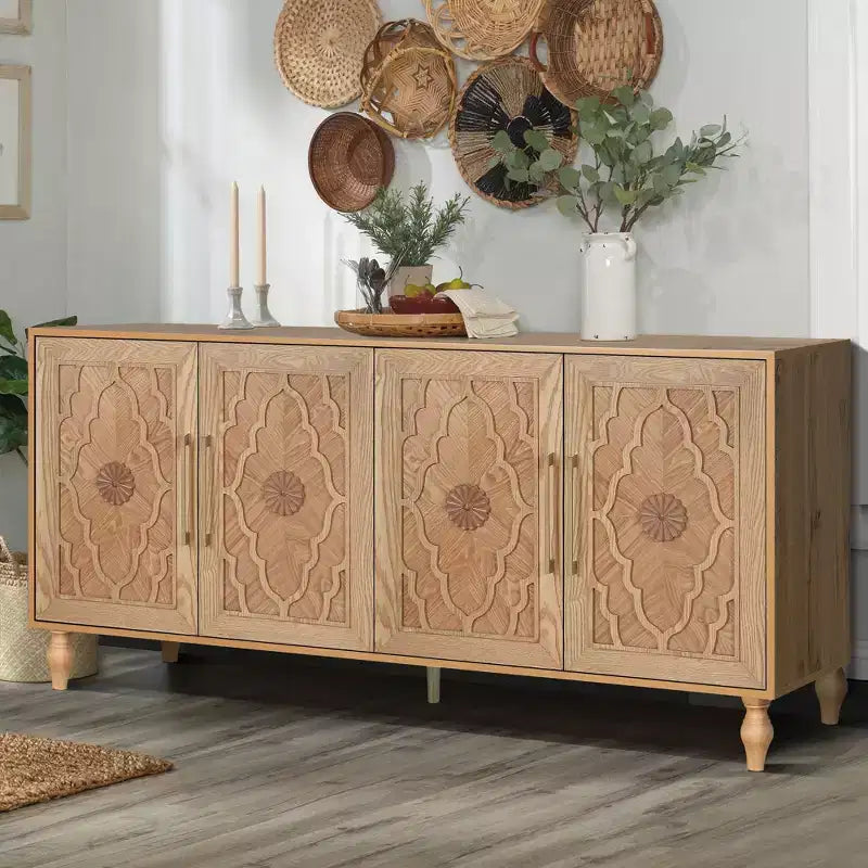 Grand meuble de rangement avec poignée en métal, portes sculptées de fleurs, console de buffet en bois moderne avec étagères réglables