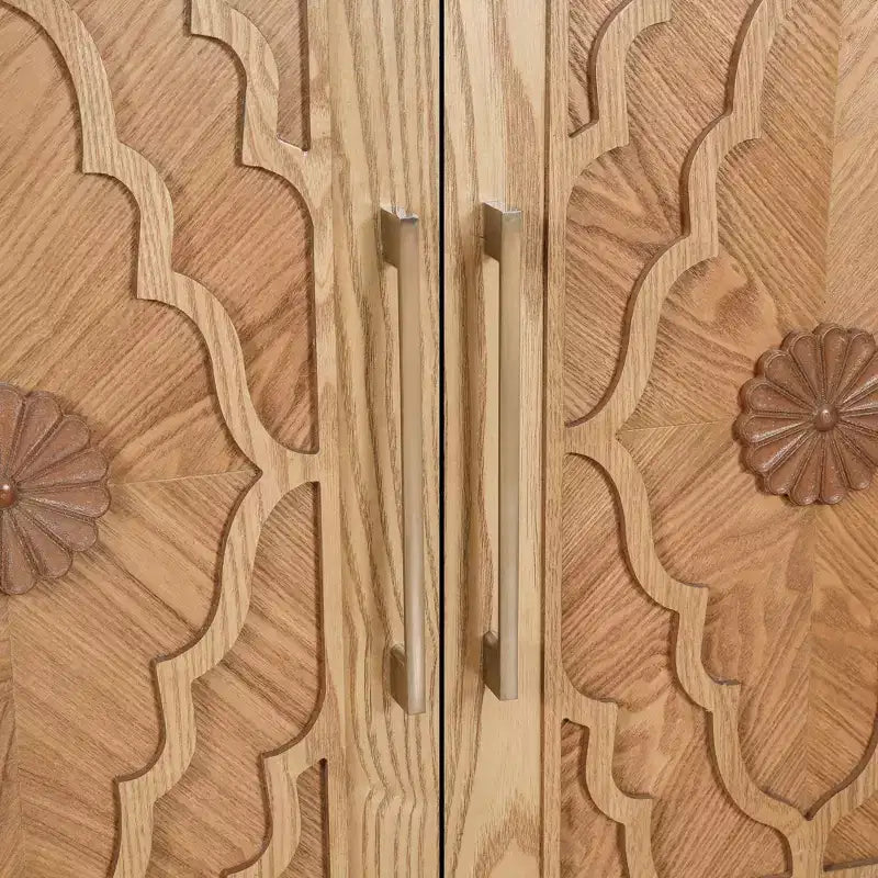 Grand meuble de rangement avec poignée en métal, portes sculptées de fleurs, console de buffet en bois moderne avec étagères réglables