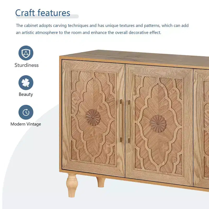 Grand meuble de rangement avec poignée en métal, portes sculptées de fleurs, console de buffet en bois moderne avec étagères réglables