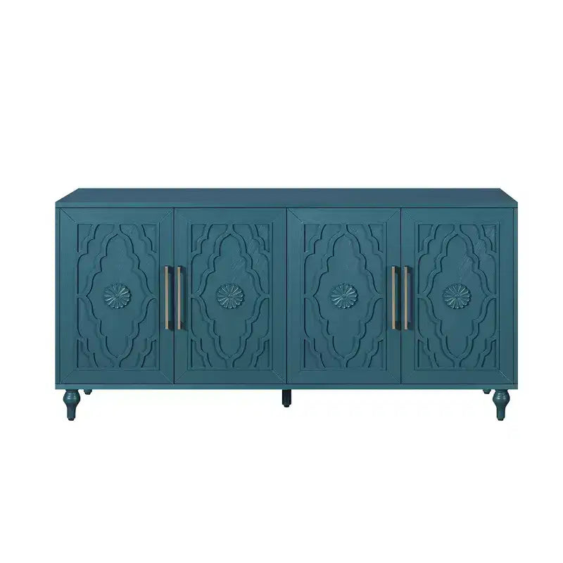 Grand meuble de rangement avec poignée en métal, portes sculptées de fleurs, console de buffet en bois moderne avec étagères réglables