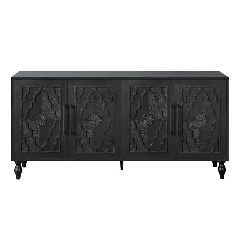 Grand meuble de rangement avec poignée en métal, portes sculptées de fleurs, console de buffet en bois moderne avec étagères réglables