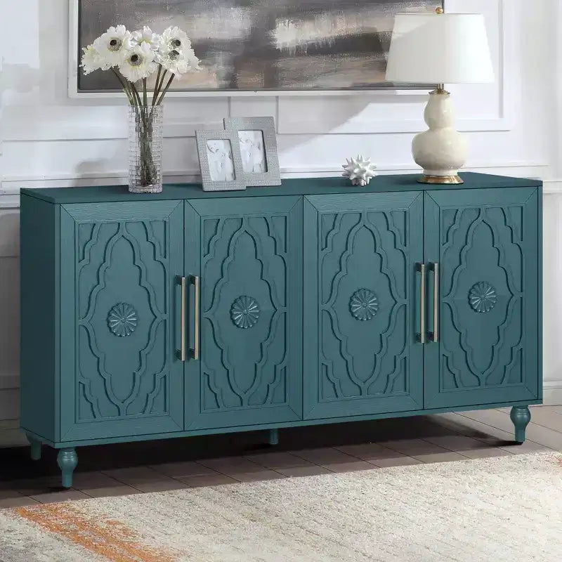Grand meuble de rangement avec poignée en métal, portes sculptées de fleurs, console de buffet en bois moderne avec étagères réglables