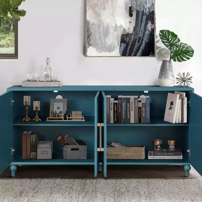 Grand meuble de rangement avec poignée en métal, portes sculptées de fleurs, console de buffet en bois moderne avec étagères réglables