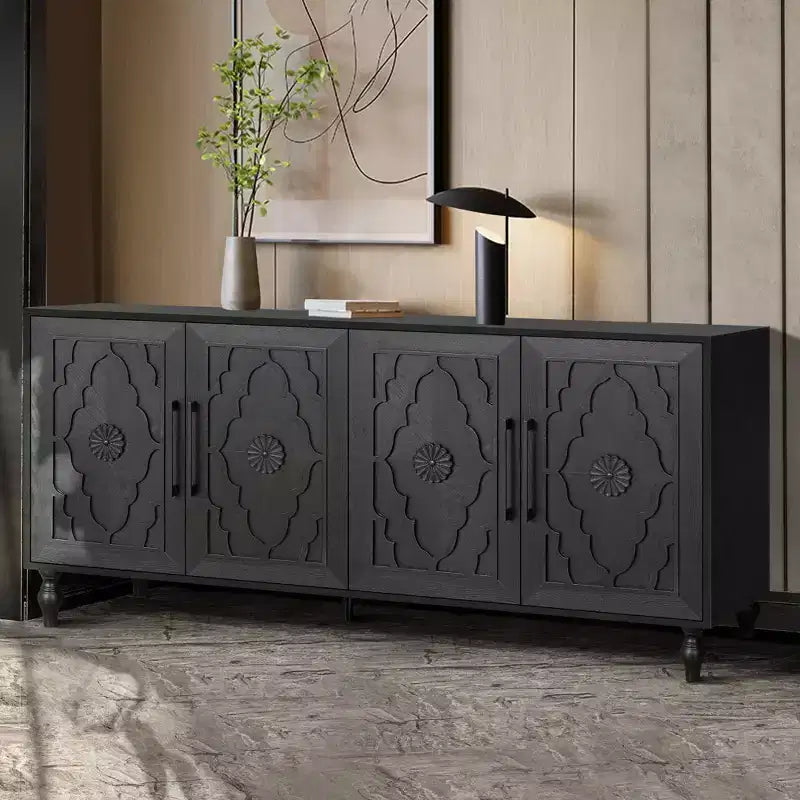Grand meuble de rangement avec poignée en métal, portes sculptées de fleurs, console de buffet en bois moderne avec étagères réglables
