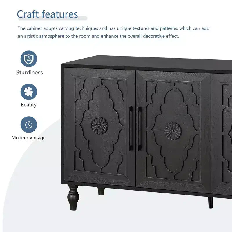 Grand meuble de rangement avec poignée en métal, portes sculptées de fleurs, console de buffet en bois moderne avec étagères réglables