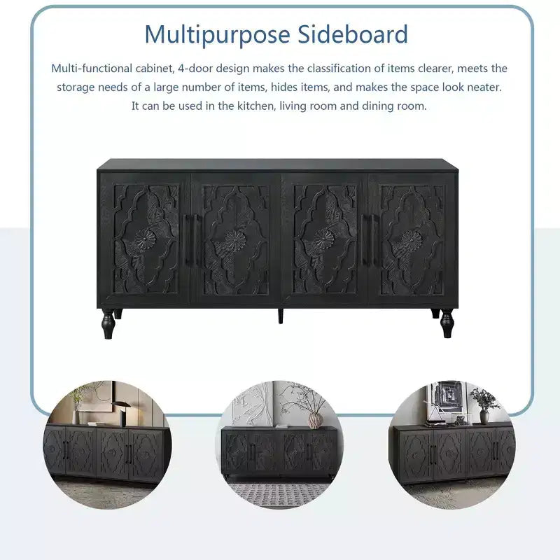 Grand meuble de rangement avec poignée en métal, portes sculptées de fleurs, console de buffet en bois moderne avec étagères réglables