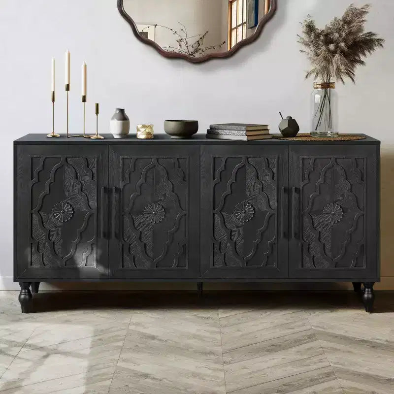 Clihome 63 Large Storage Cabinet with Metal Handle, Carved Flower Doors, Wooden Mordern Sideboard Console with Adjustable Shelves