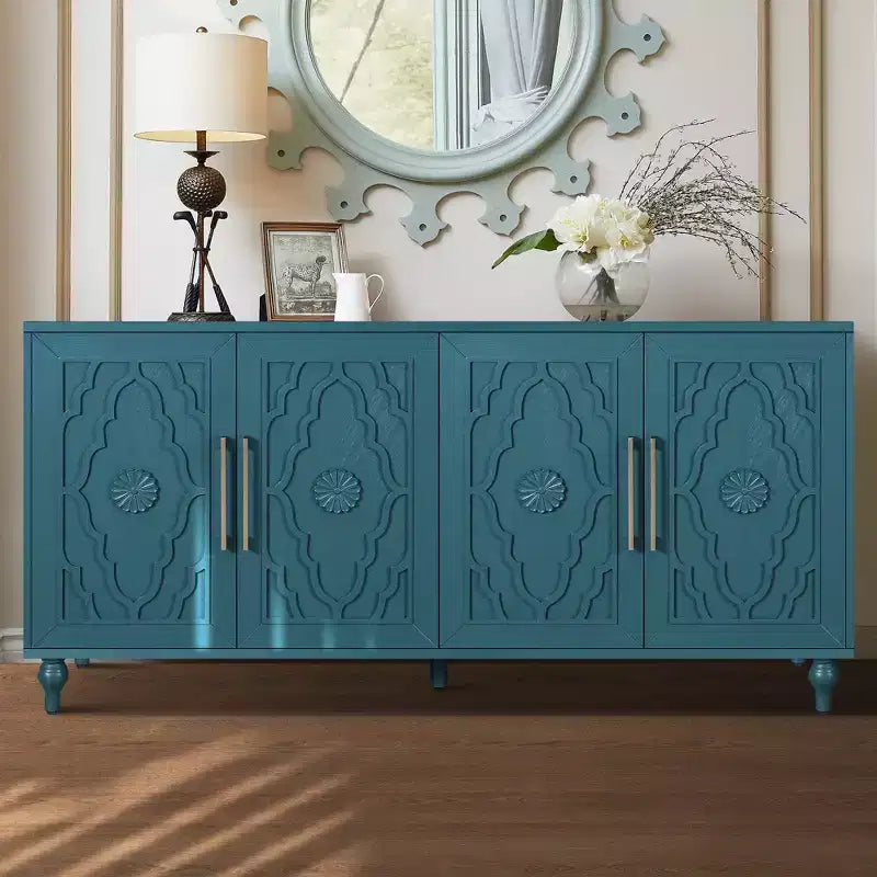 Grand meuble de rangement avec poignée en métal, portes sculptées de fleurs, console de buffet en bois moderne avec étagères réglables