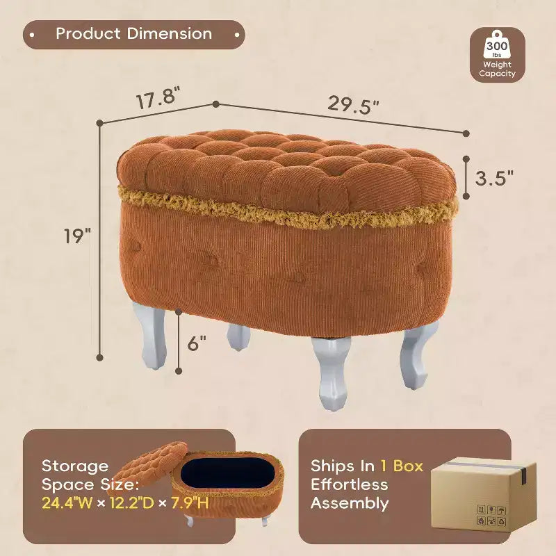 Banc de rangement ottoman rétro bout de lit avec franges, ottoman capitonné élégant pour chambre et salon, capacité de 136 kg