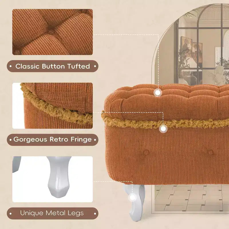 Banc de rangement ottoman rétro bout de lit avec franges, ottoman capitonné élégant pour chambre et salon, capacité de 136 kg
