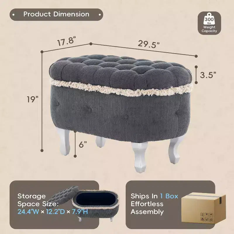 Banc de rangement ottoman rétro bout de lit avec franges, ottoman capitonné élégant pour chambre et salon, capacité de 136 kg
