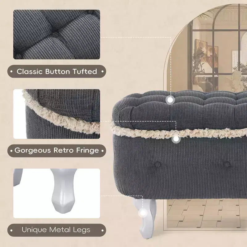 Banc de rangement ottoman rétro bout de lit avec franges, ottoman capitonné élégant pour chambre et salon, capacité de 136 kg
