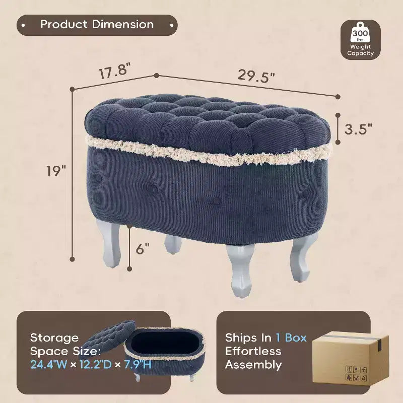 Banc de rangement ottoman rétro bout de lit avec franges, ottoman capitonné élégant pour chambre et salon, capacité de 136 kg