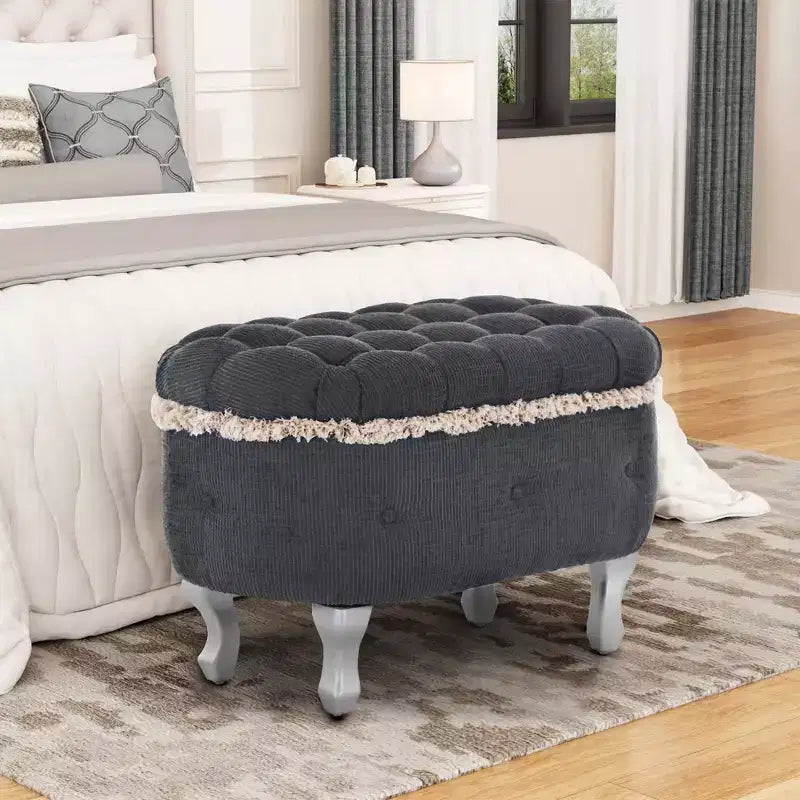 TUYOHW 29.5 Retro End-of-Bed Storage Ottoman Bench with Fringe,Sleek Tufted Accent Ottoman for Bedroom & Living Room,300lbs Capacity
