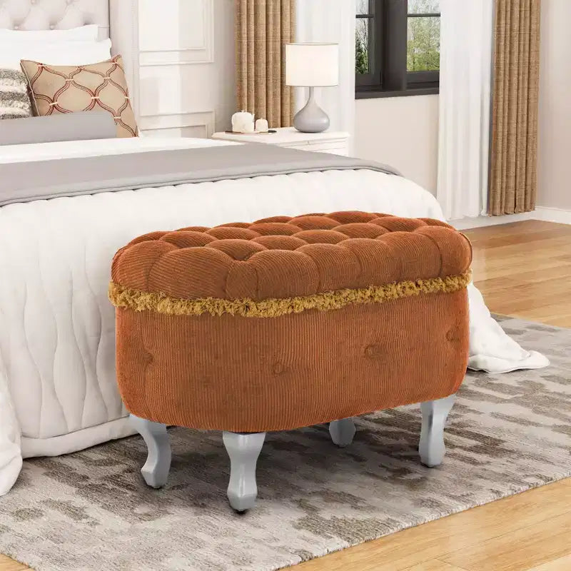 Banc de rangement ottoman rétro bout de lit avec franges, ottoman capitonné élégant pour chambre et salon, capacité de 136 kg