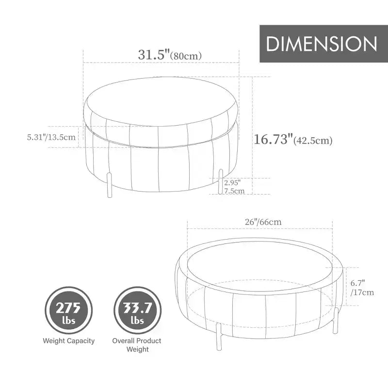 Pouf ottoman rond avec couvercle réversible, pouf ottoman de salon en velours de luxe, repose-pieds d'appoint, capacité de 125 kg