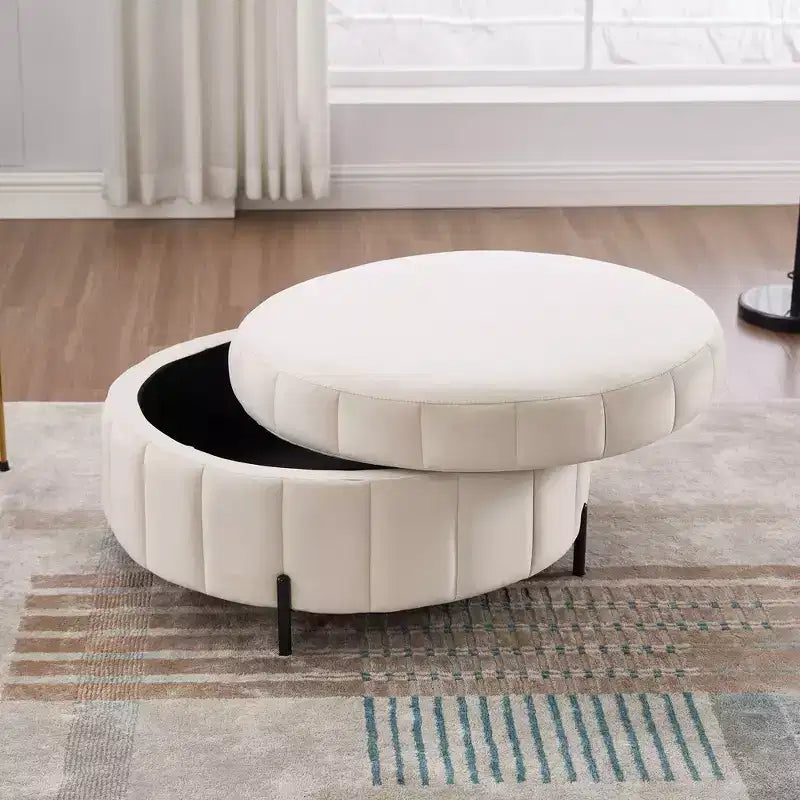 Pouf ottoman rond avec couvercle réversible, pouf ottoman de salon en velours de luxe, repose-pieds d'appoint, capacité de 125 kg