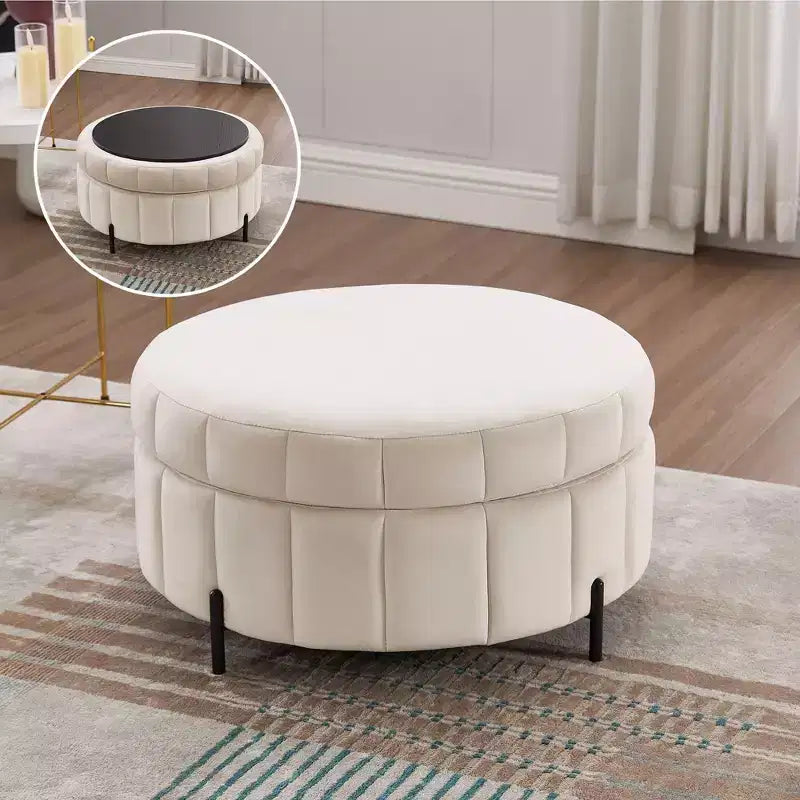Pouf ottoman rond avec couvercle réversible, pouf ottoman de salon en velours de luxe, repose-pieds d'appoint, capacité de 125 kg