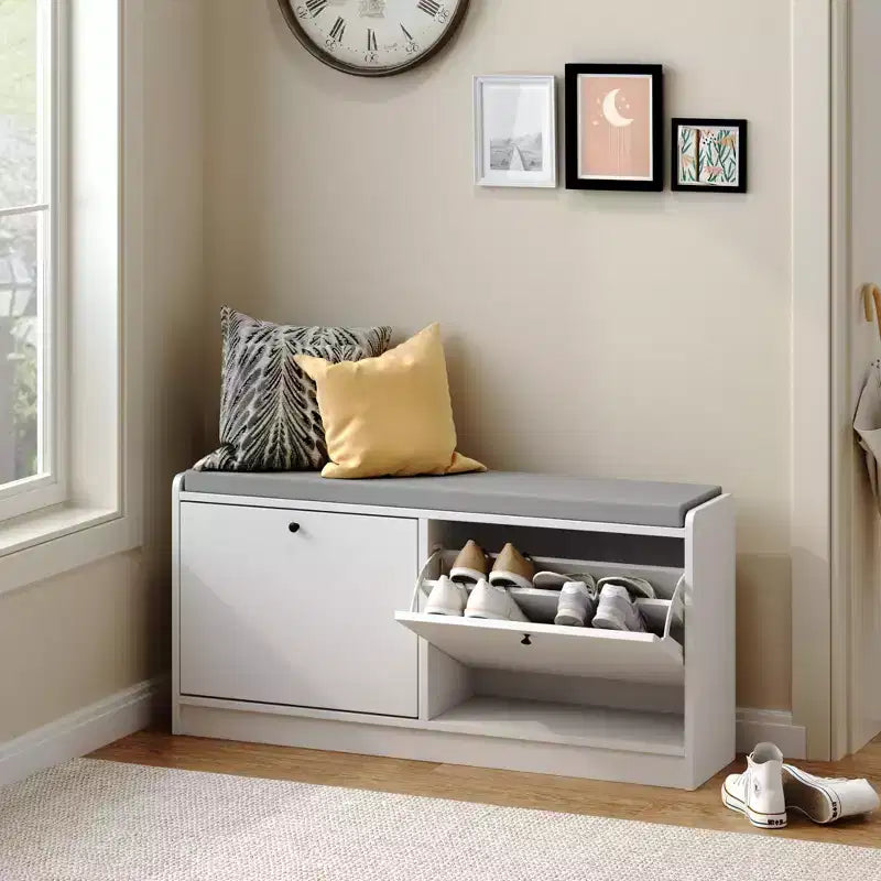 TUYOHW 39.7L Cushioned Storage Shoe Bench for Entrance,High Quality Wooden Entrayway Ottoman Bench with Cushion for Seating,White