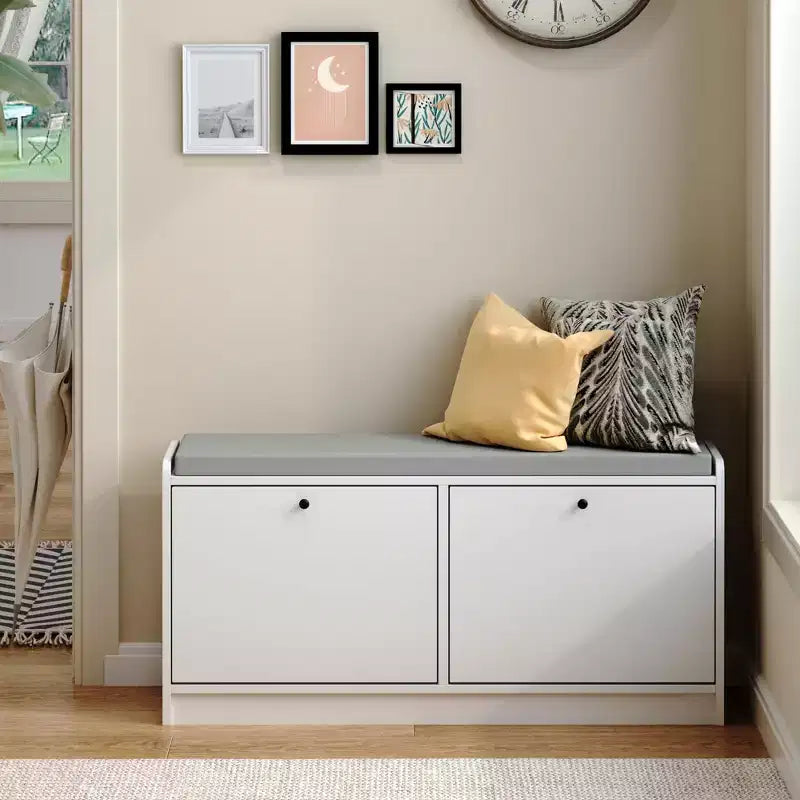 Banc à chaussures rembourré pour entrée, banc ottoman en bois de haute qualité avec coussin pour s'asseoir, blanc