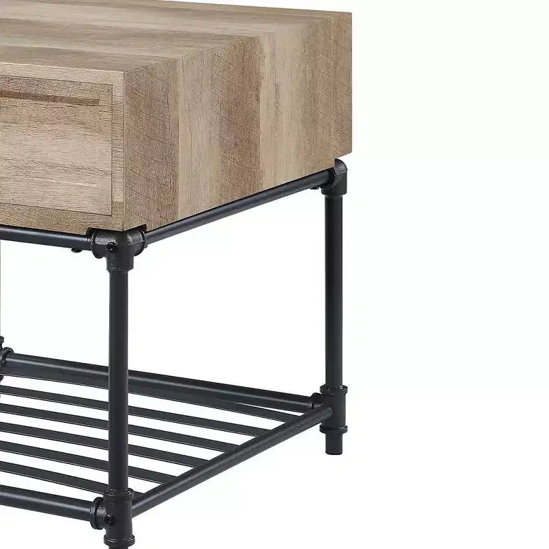 Tables d'appoint à tiroir et étagère un niveau, chêne et noir sablé : Aucun assemblage, rangement ouvert