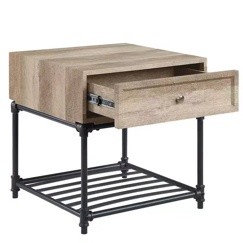 Tables d'appoint à tiroir et étagère un niveau, chêne et noir sablé : Aucun assemblage, rangement ouvert
