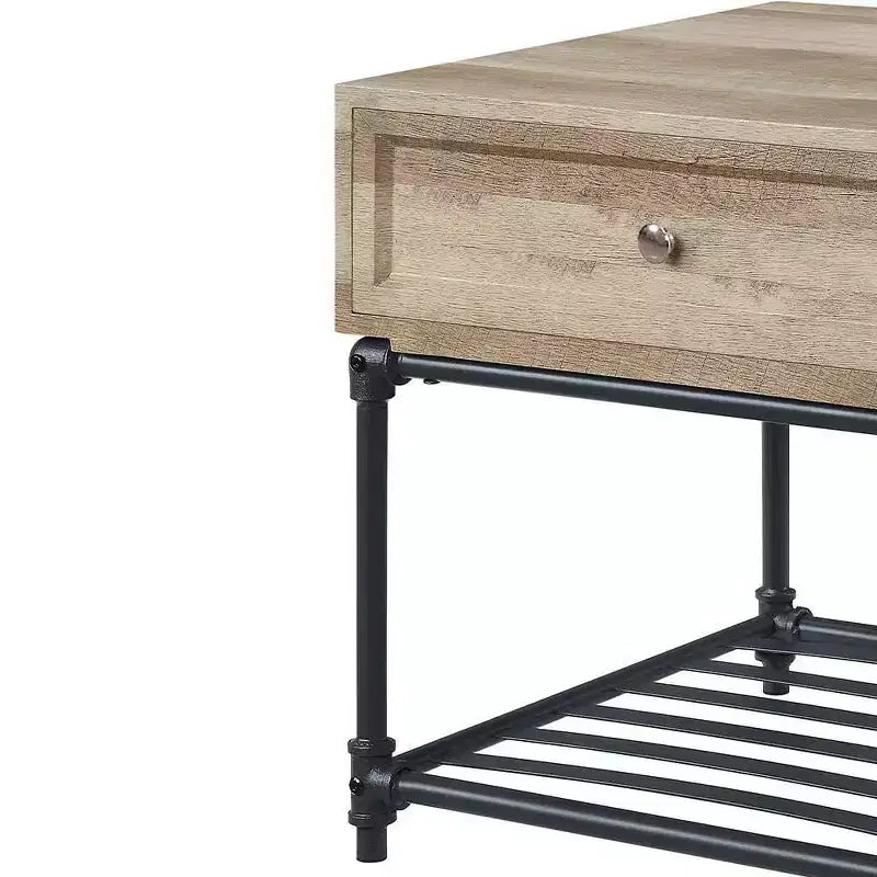 Tables d'appoint à tiroir et étagère un niveau, chêne et noir sablé : Aucun assemblage, rangement ouvert