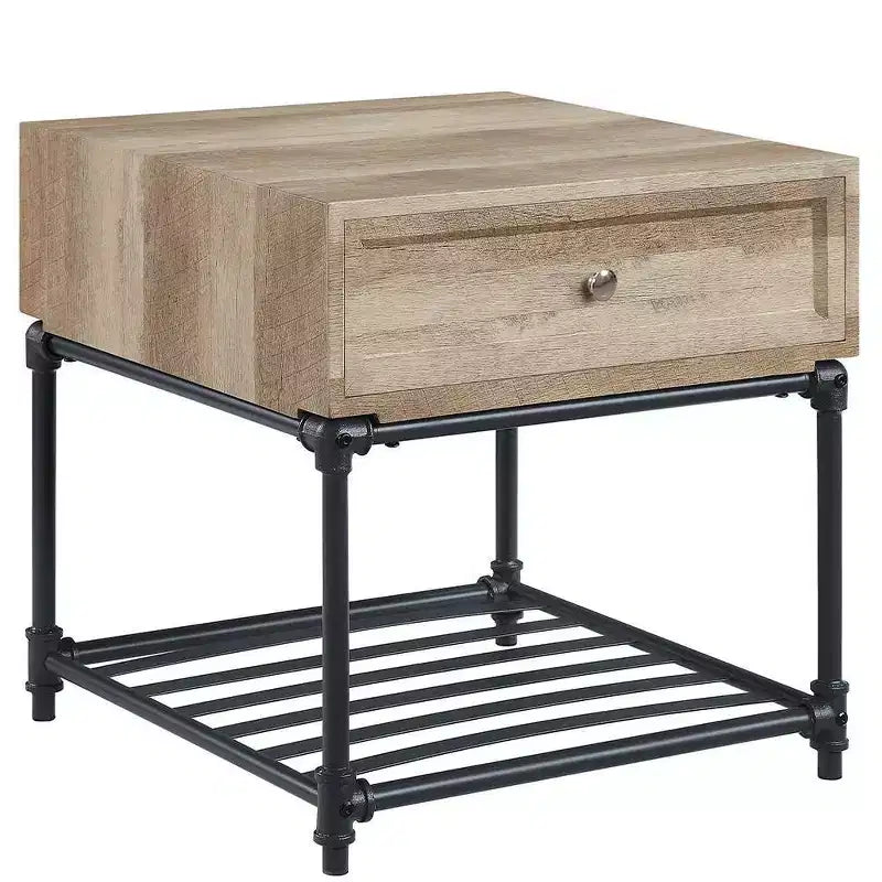 Tables d'appoint à tiroir et étagère un niveau, chêne et noir sablé : Aucun assemblage, rangement ouvert