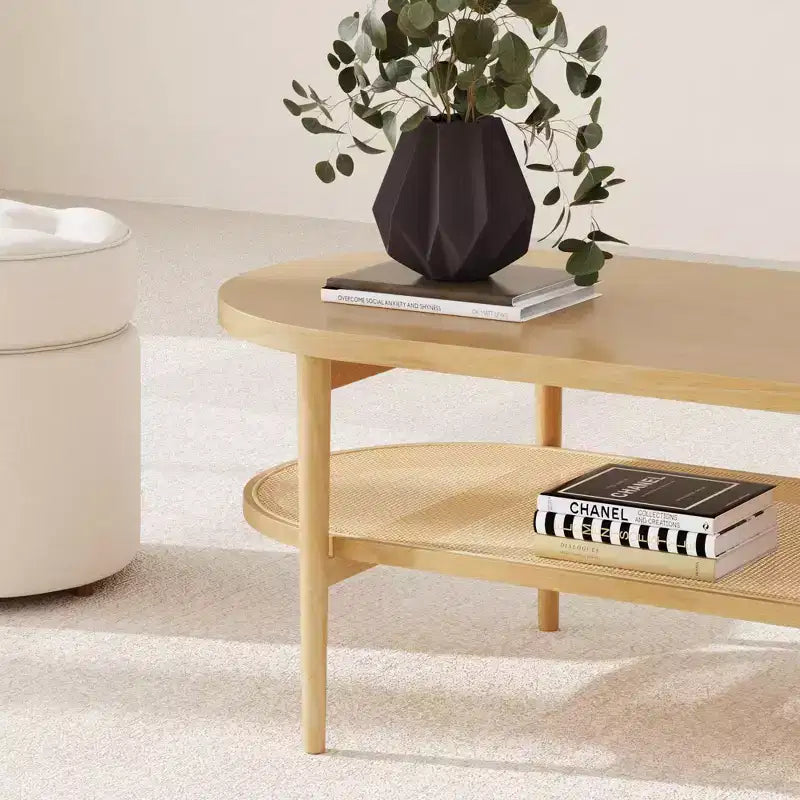 Table basse ovale 117 cm en pin et rotin, coloris pin chaud